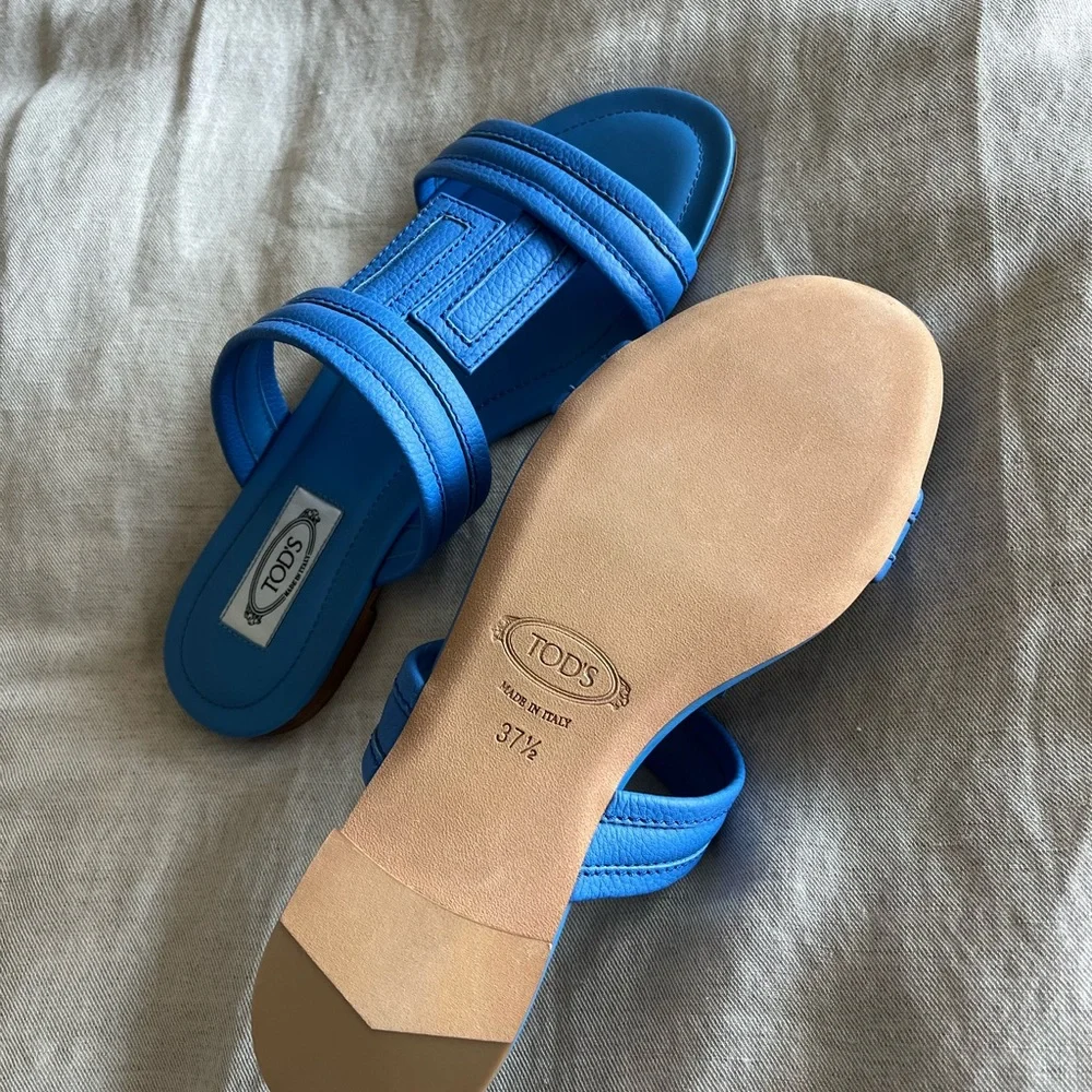 Tod's Bright Blue Leather Slide Sandals